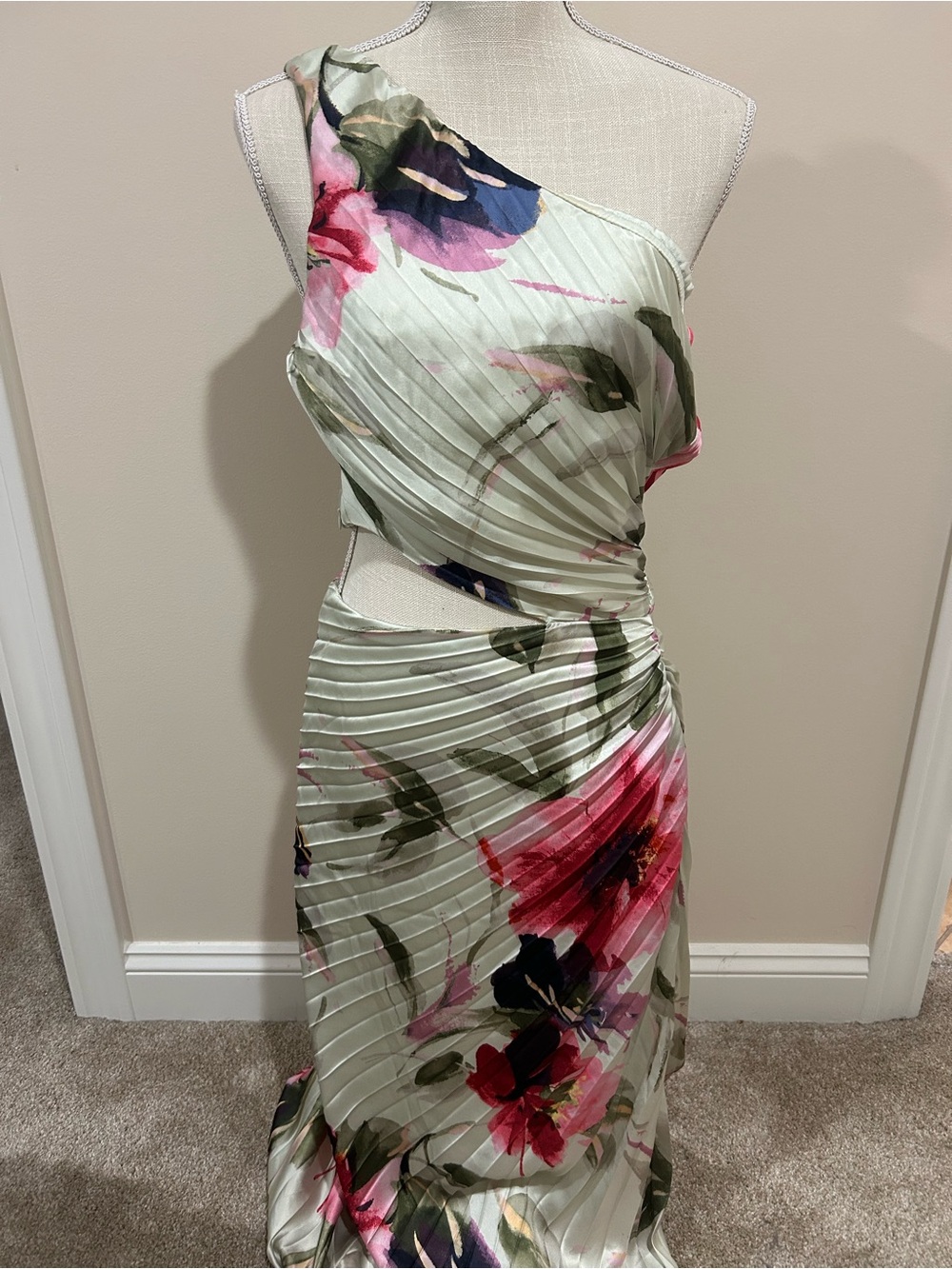 One-Shoulder Floral Cutout Maxi Dress in Sage and Pink